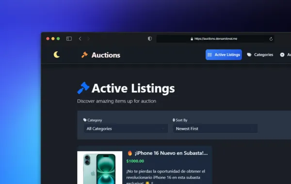 Auctions web application listing and bidding interface preview