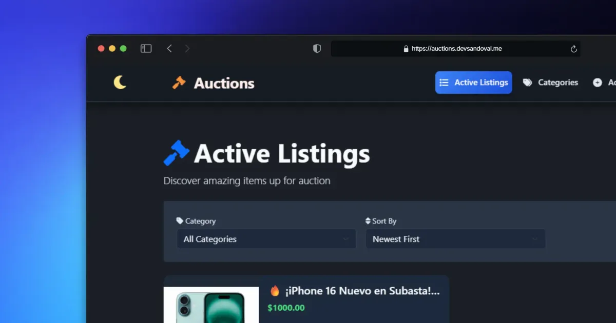 Auctions web application listing and bidding interface preview